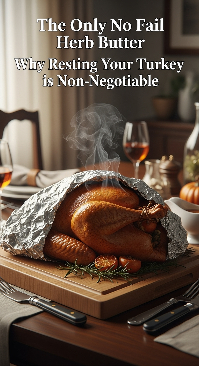 Beautifully Roasted Golden Brown Turkey Tented Loosely With Aluminum Foil Resting On A Large Wooden Carving Board