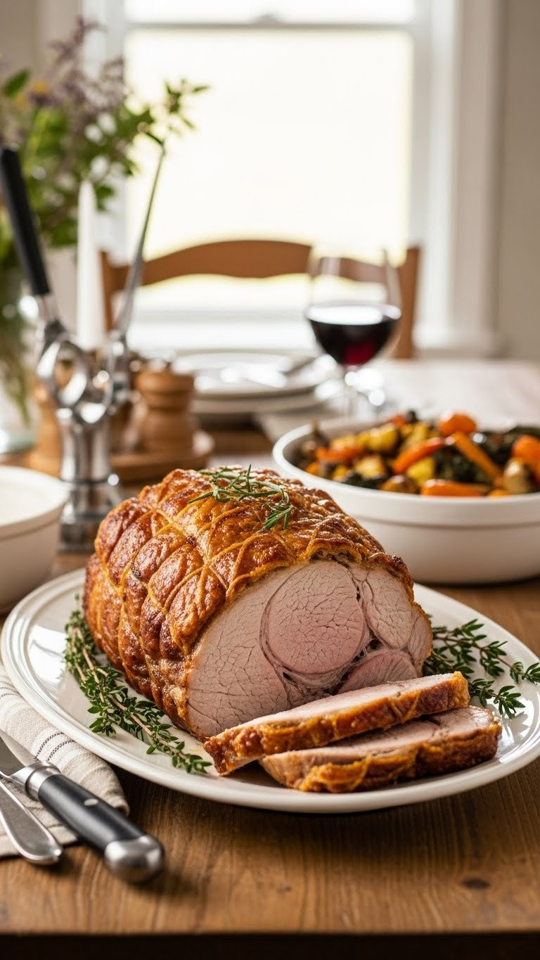 Beautifully Roasted Pork Loin With Golden-Brown Crust Sliced Open To Reveal Juicy Tender Meat On Serving Platter