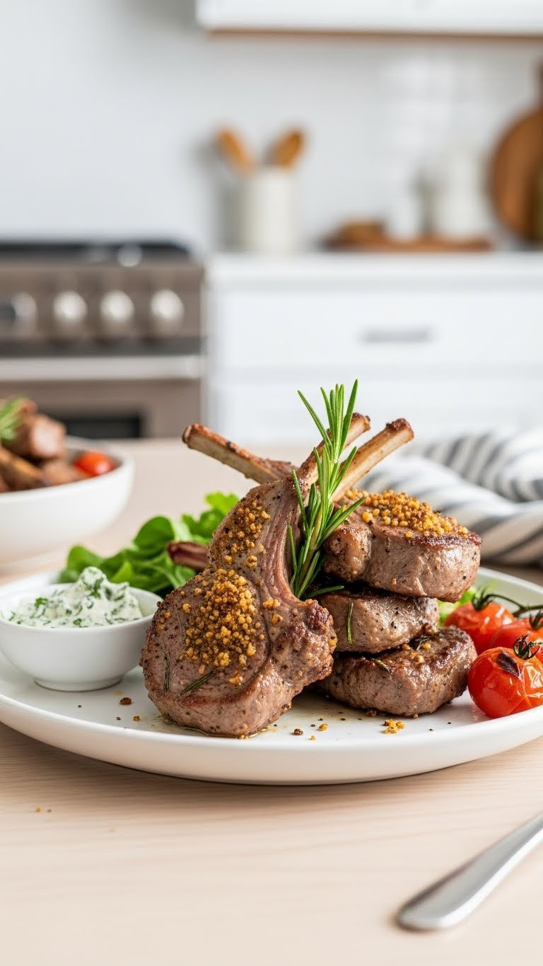 Beautifully Seared Instant Pot Lamb Chops With Garlic-Rosemary Crust, Stacked On A White Plate, Revealing A Juicy Pink Center.