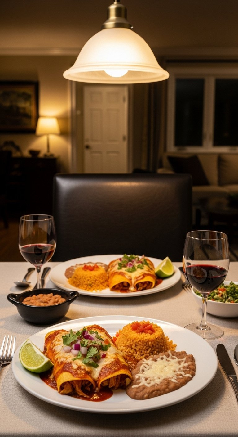 Beautifully Set Dinner Table Featuring Two Plates Of Garnished Chicken Enchiladas Served With Mexican Rice And Refried Beans.