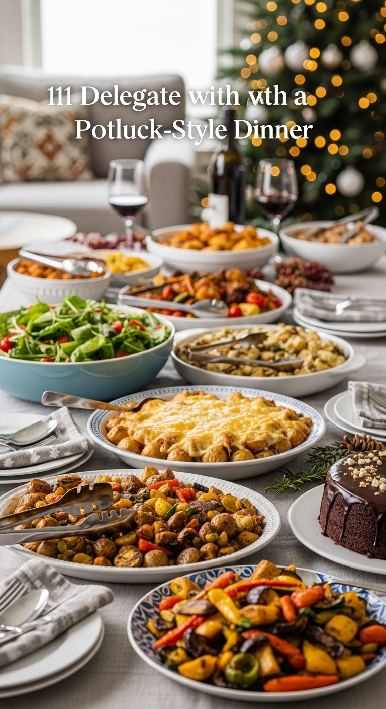 Beautifully Styled Buffet Table With A Variety Of Potluck Dishes Including Salad Potato Gratin Roasted Vegetables And Chocolate Cake