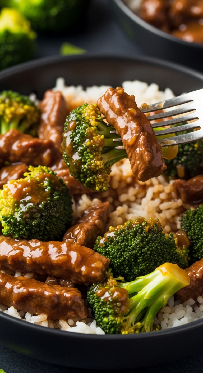 Beef And Broccoli In Glossy Brown Sauce Over Rice