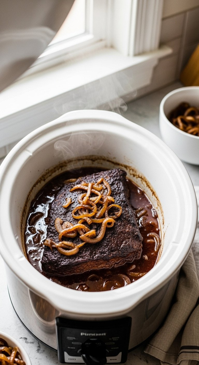 Beef Brisket Simmering In Rich Sauce Inside A Slow Cooker With Steam Rising.