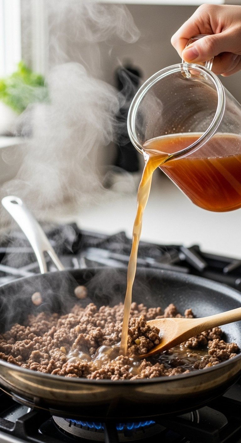 Beef Broth Being Poured Into A Skillet With Browned Ground Beef And Steam Rising During The Deglazing Cooking Process.