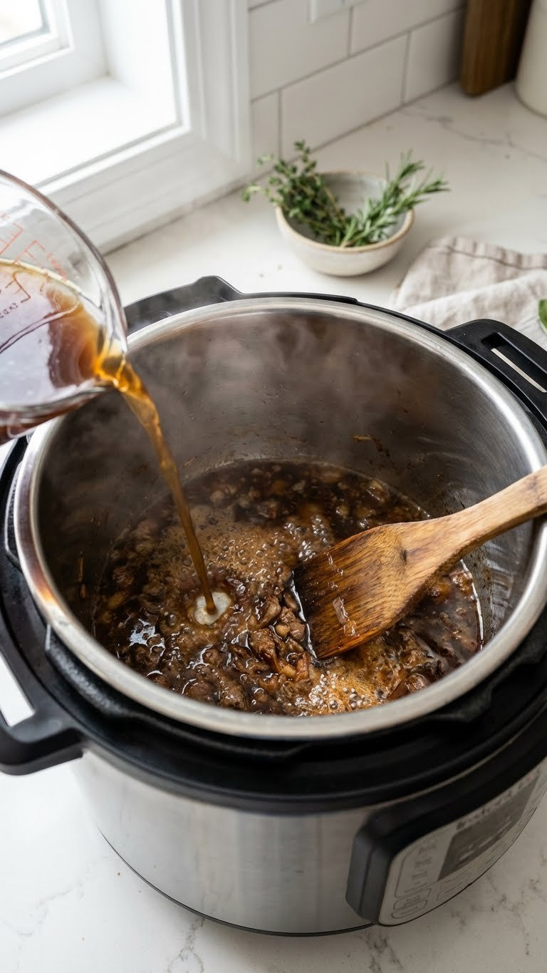 Beef Broth Deglazing Browned Bits (Fond) From Searing In An Instant Pot, Dissolving Into A Rich Gravy Base With Rising Steam.