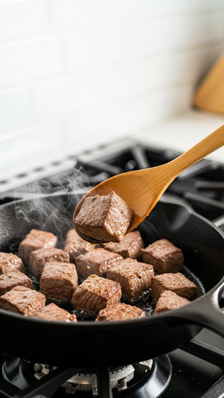 Beef Cubes Searing In Hot Cast-Iron Skillet With Steam Rising And Wooden Spoon Nearby For Browning Process
