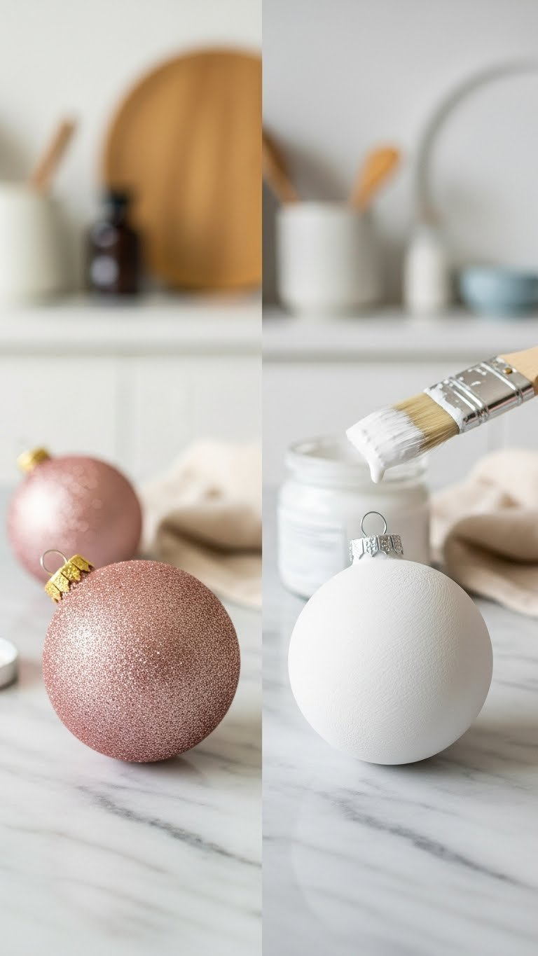 Before-And-After Comparison Showing Glitter Ornament Transformed With Matte White Baking Soda Paint On Marble Surface