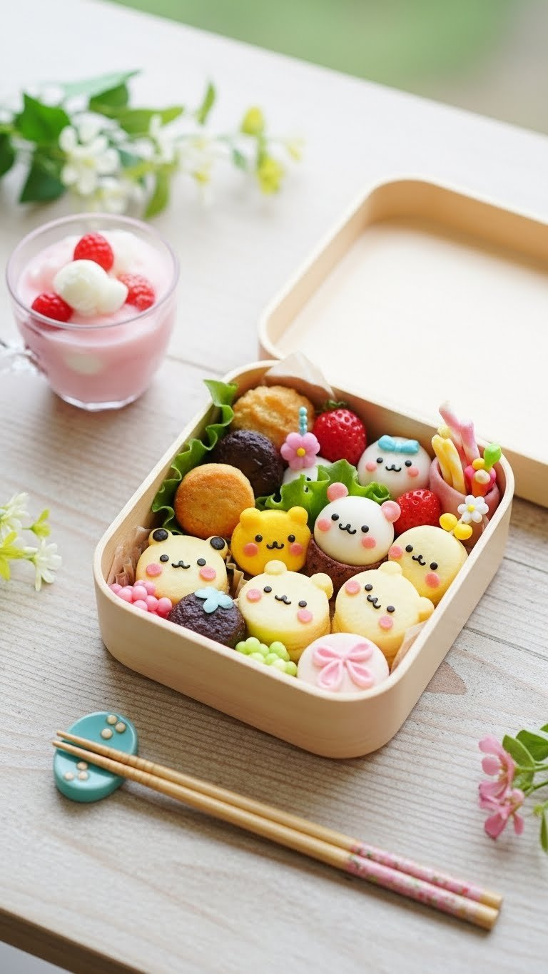 Bento Box Filled With Miniature Kawaii Sweets Shaped Like Adorable Animals On Wooden Table