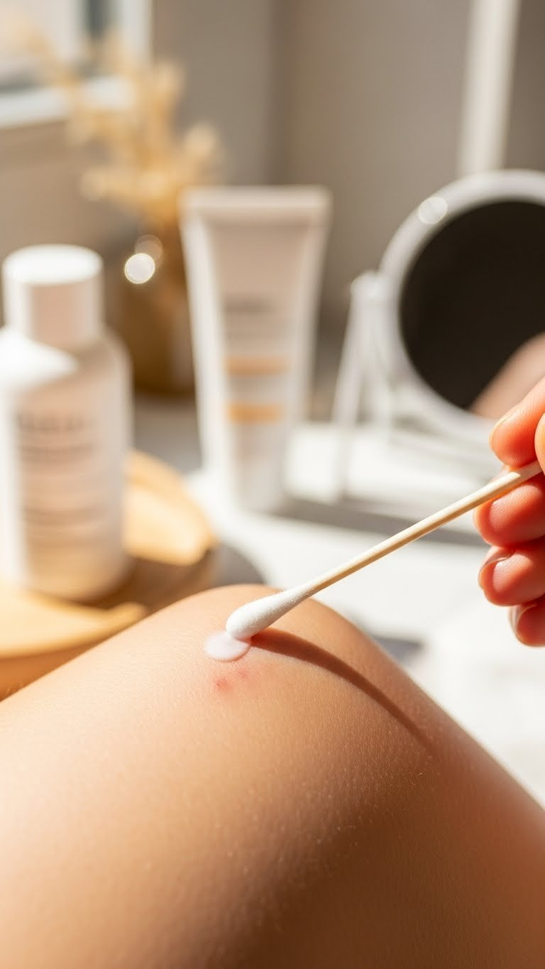 Benzoyl Peroxide Spot Treatment Being Applied To Blemish On Clean Skin With Cotton Swab For Targeted Acne Care