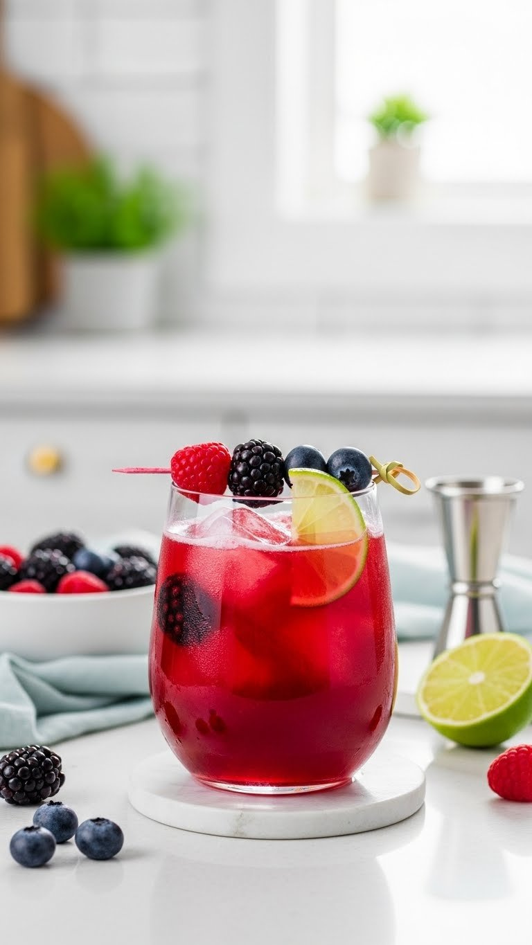 Berry Red Bull Mocktail With Raspberry Blueberry Skewer In Wine Glass On Minimalist White Surface