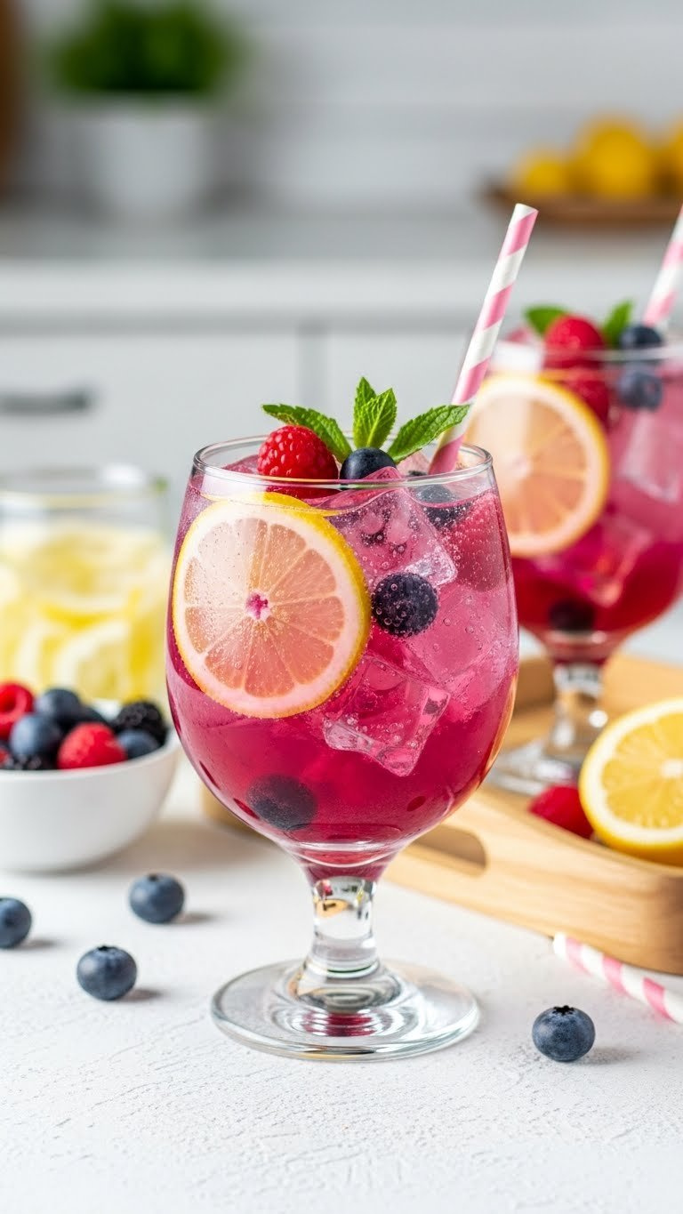 Berry Lemonade Sprite Twist In Footed Glass With Ice Cubes, Lemon Slices, And Colorful Mixed Berries On Light Wooden Tray