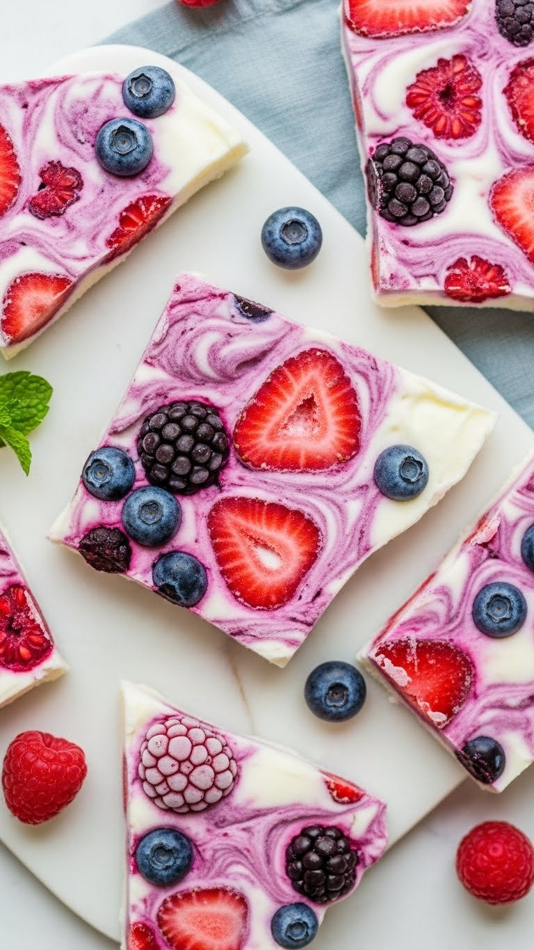 Berry Swirl Yogurt Bark With Vibrant Strawberry And Blueberry Patterns On White Marble Slab In Bright Daylight.