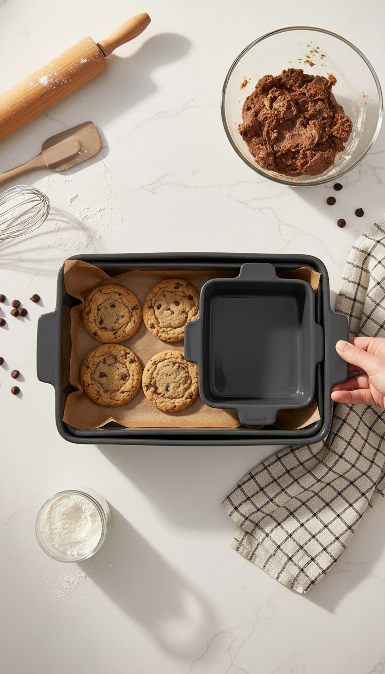 A Photo Showing The Three Best Choice Products Bakeware Pieces On A Kitchen Counter, One With A Freshly Baked Lasagna Inside.