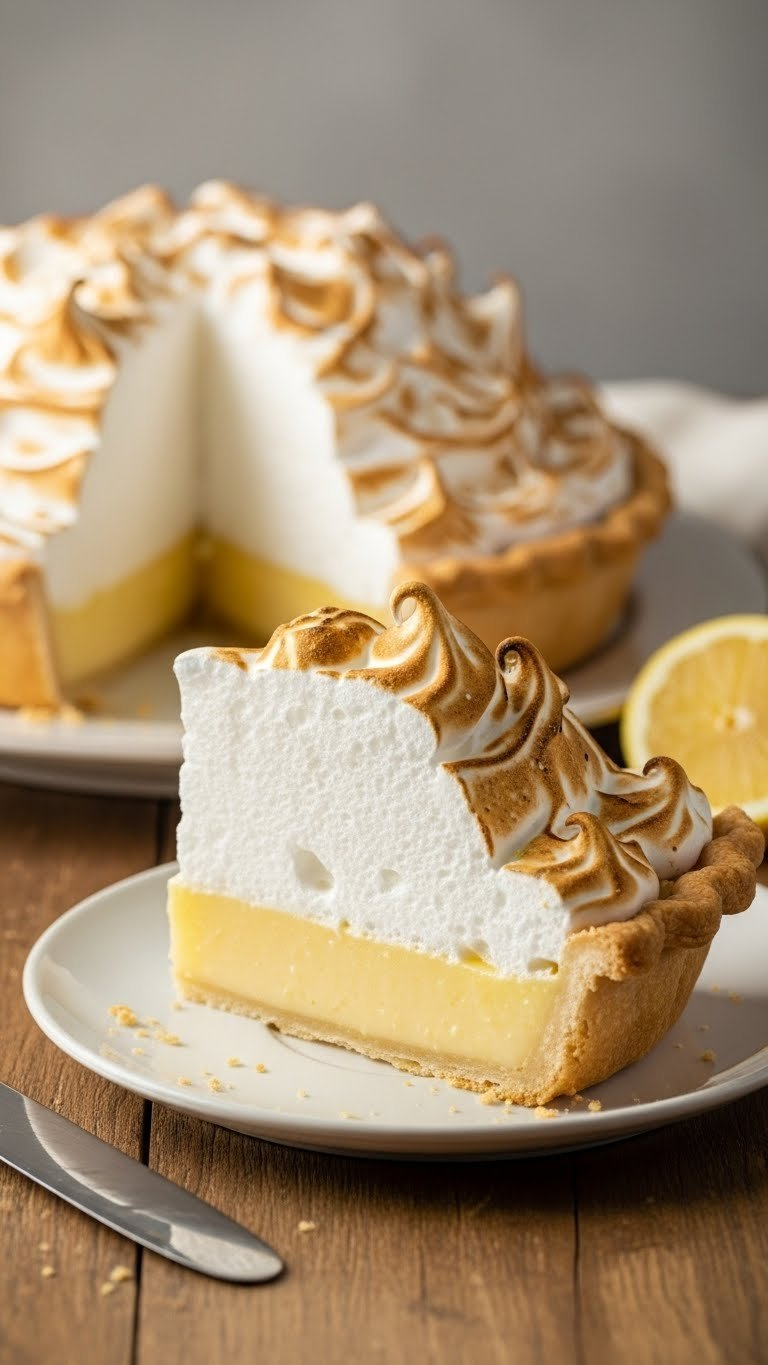 Best Lemon Meringue Pie, Towering Golden Torched Meringue With Stiff Peaks, Pale Yellow Filling, Flaky Crust On White Plate.