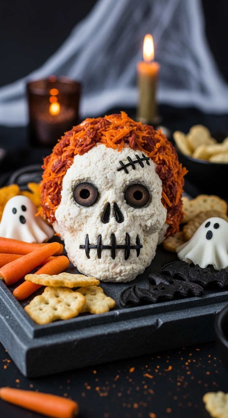 Billy Butcherson's Severed Head Cheeseball With Olive Stitches And Eyes On A Tombstone Platter With Veggie Dippers