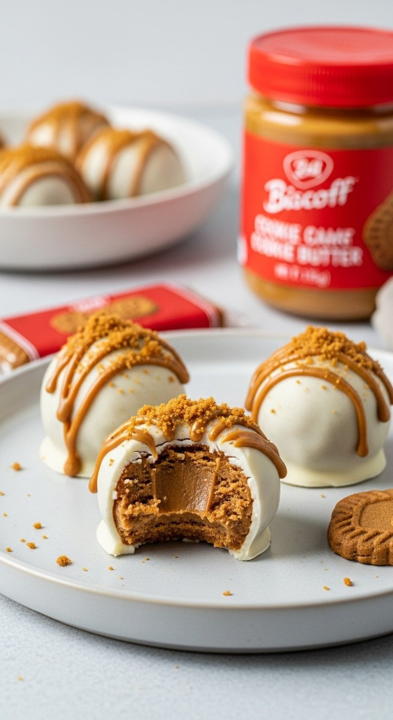 Biscoff Cookie Butter Truffles In White Chocolate With A Cookie Butter Drizzle, One Bitten To Show The Creamy Center.