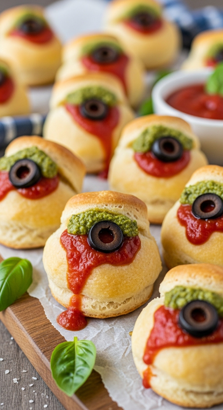 Biscuit Wrapped Meatball Eyeballs With Green Pesto Iris Black Olive Pupil And Tomato Sauce Drizzle On Rustic Serving Board