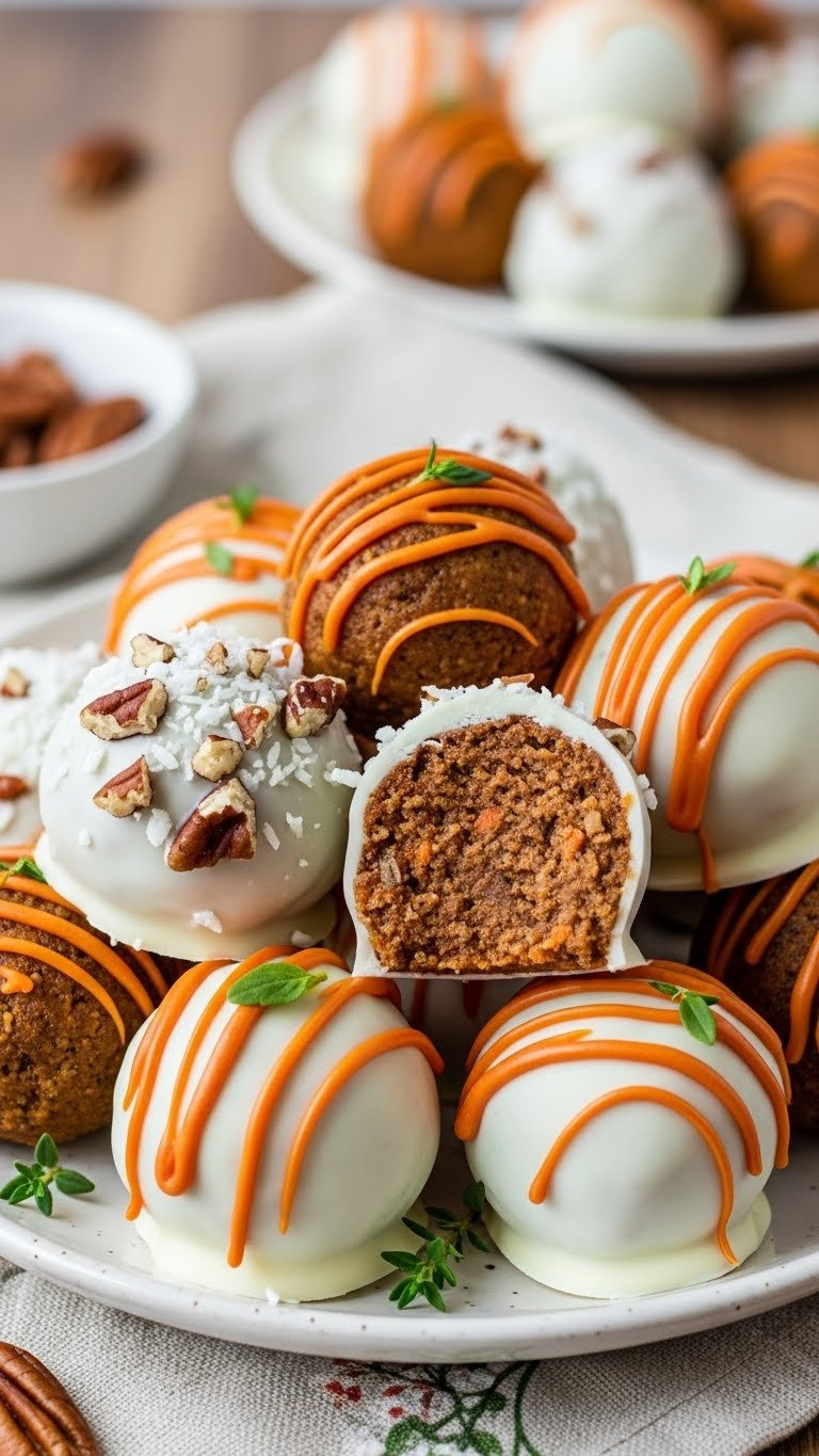 Bite-Sized Carrot Cake Truffles Coated In White Chocolate With Pecan Sprinkles Arranged On White Ceramic Platter With Soft Shadows