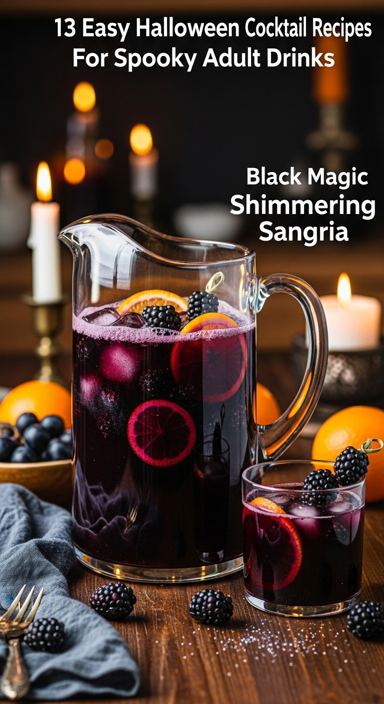 Black Magic Shimmering Sangria In A Glass Pitcher With Dark Fruits And A Lit Candle On A Dark Wood Table