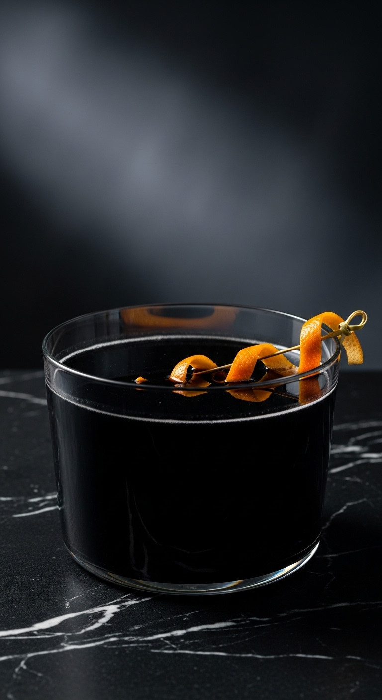Black Magic Vodka Punch In A Sleek Glass Bowl With An Orange Peel Twist On A Black Marble Countertop For Halloween