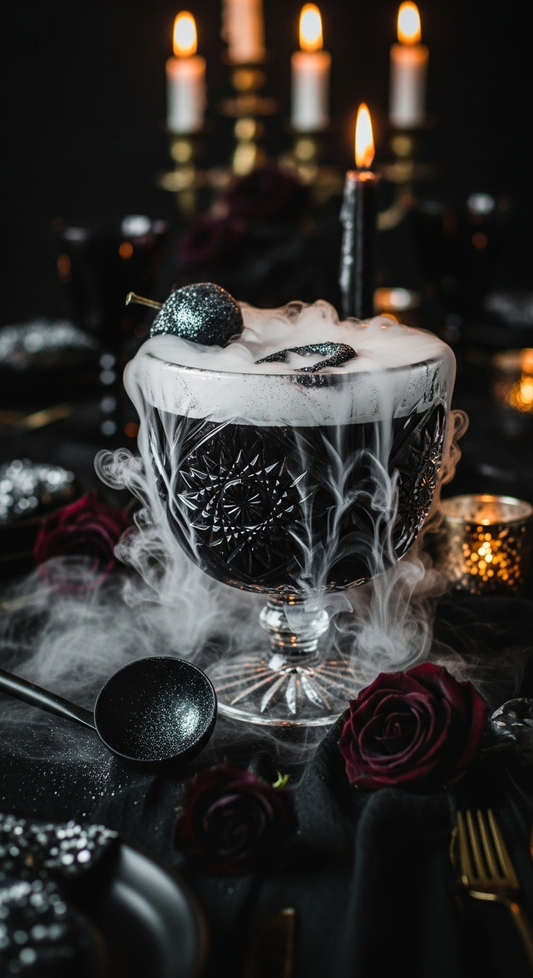 Black Magic Dark Rum Punch With Edible Black Glitter And Dry Ice Fog In A Vintage Cut Glass Punch Bowl