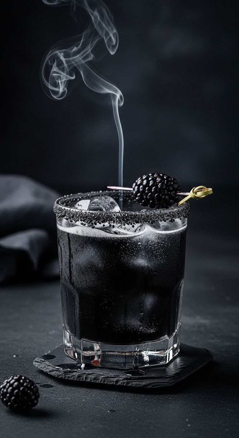 Black Widow Cocktail In A Highball Glass With Dark Bubbly Liquid Black Sanding Sugar Rim And Blackberry Garnish Perfect For Recipes