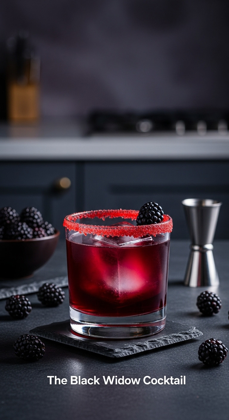 Black Widow Cocktail With A Red Sugar Rim And Blackberry Garnish In A Sleek Rocks Glass