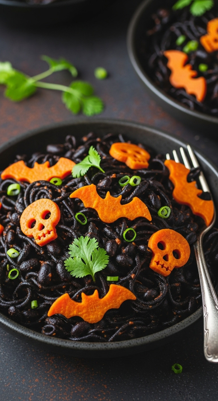 Black Bean Pasta With Orange Sauce, Sweet Potato Bats &Amp; Skulls. Spooky Halloween Recipe.