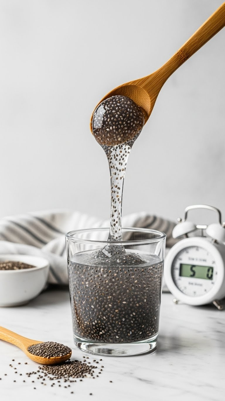 Black Chia Seeds Absorbing Water, Forming A Thick, Viscous Chia Egg In A Glass On A White Marble Counter For Vegan Baking.