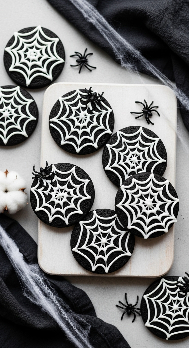Black Cocoa Cookies With Intricate White Spiderweb Icing And Edible Spiders On A Light Wooden Board. Spooky Halloween Dessert.