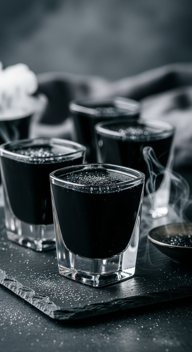 Black Jello Shots In Angular Glasses With Edible Black Glitter And Dry Ice Smoke Perfect For Elegant Halloween Party Recipes