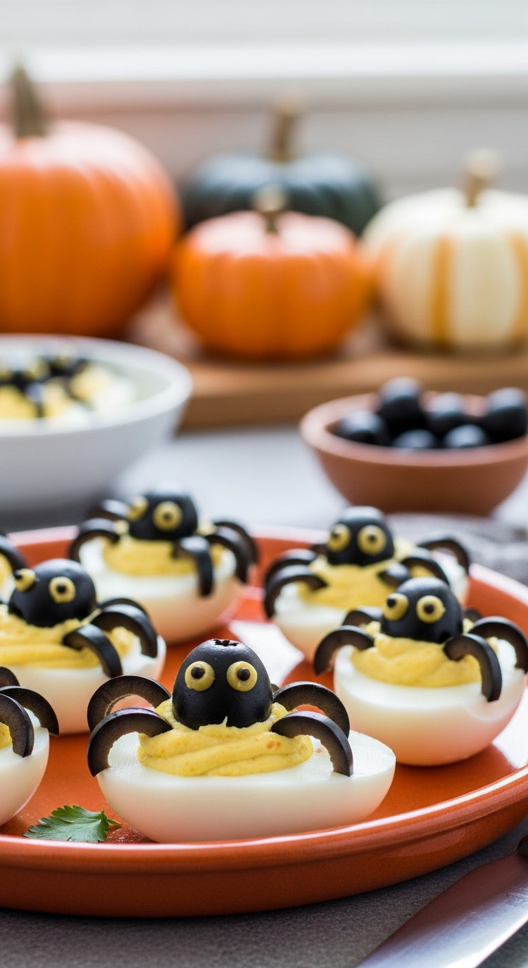Black Olive Spider Deviled Eggs On An Orange Platter With Blurred Kitchen Background Perfect For A Fun Halloween Party Appetizer