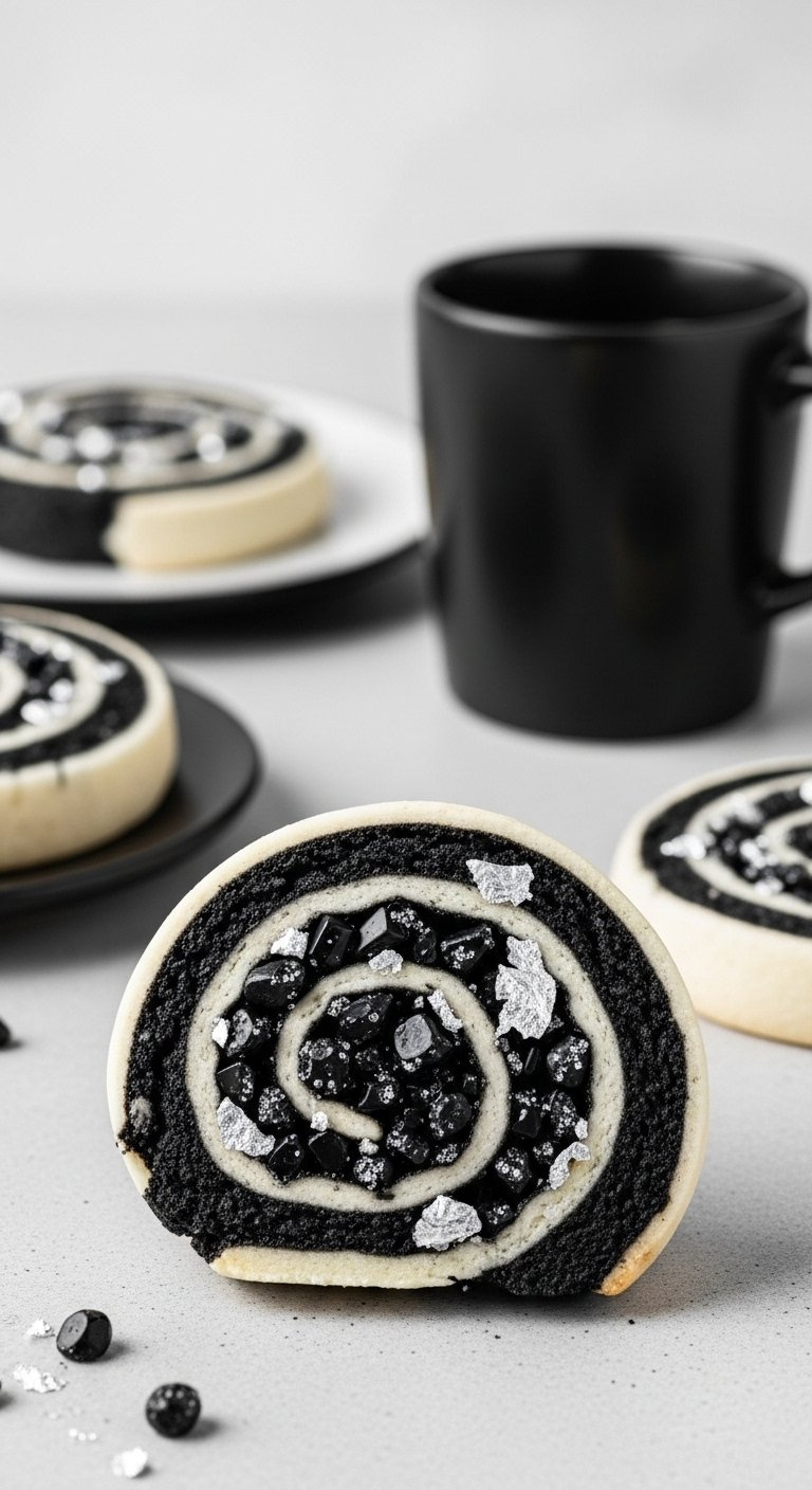 Black Onyx And Silver Geode Spiral Cookie With Glittering Black Crystals On Polished Concrete.