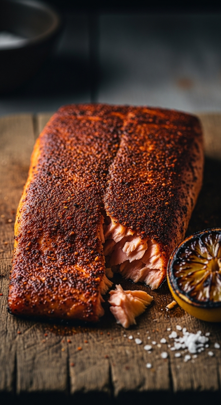 Blackened Salmon Fillet With A Dark, Textured Crust And Flaky Pink Interior On A Weathered Wood Board With Sea Salt And Charred Lemon
