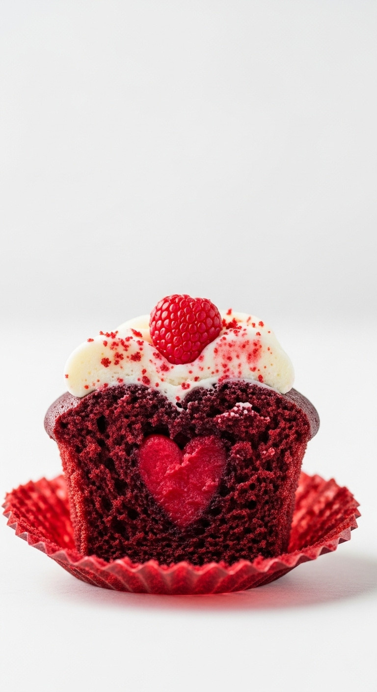 Bleeding Heart Red Velvet Cupcake Showing Rich, Dark Red Interior, Perfect For A Spooky Halloween Treat.