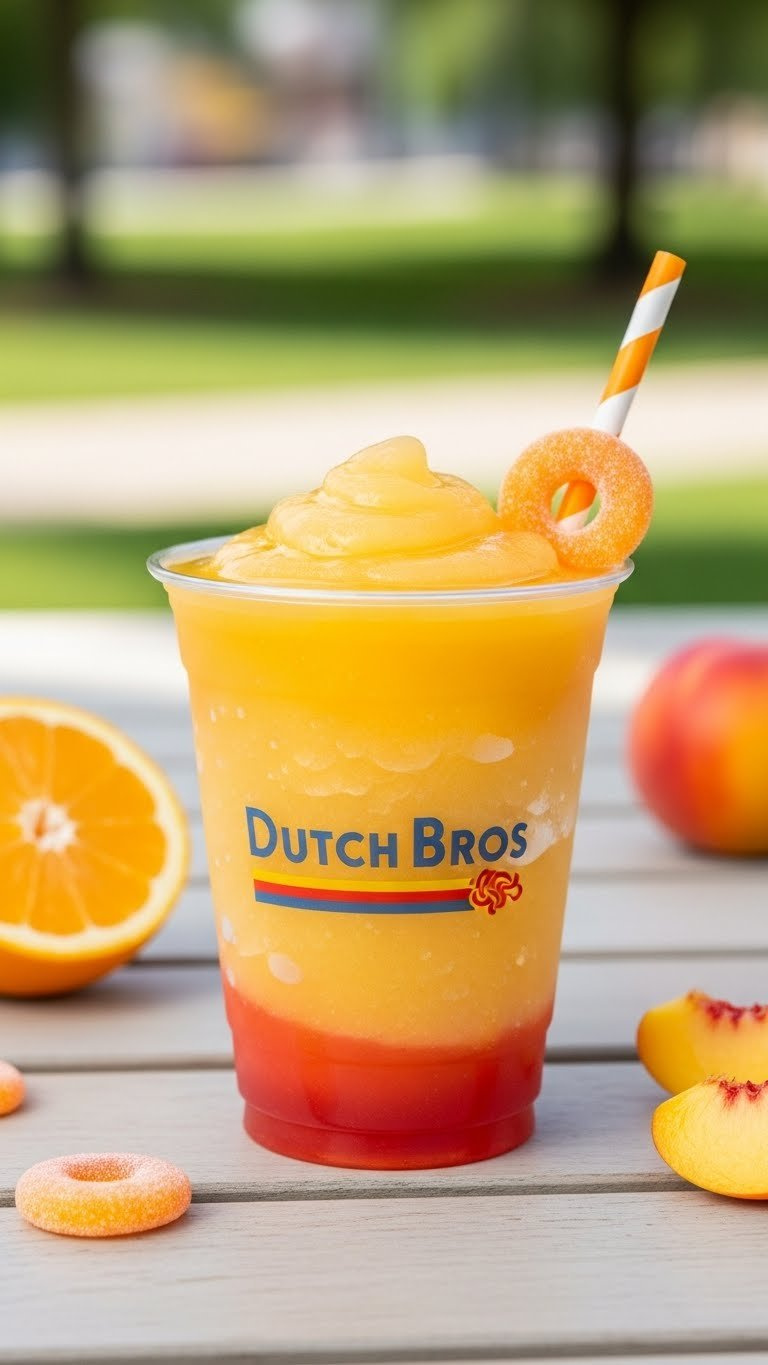 Blended Peach Ring Rebel With Sunny Orange-Yellow Hue And Peach Garnish In Clear Cup On Picnic Table