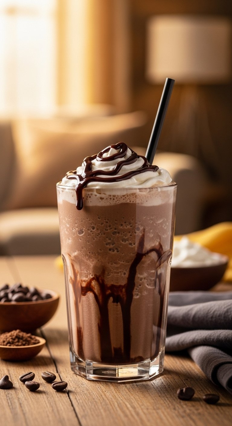 Blended Mocha Cold Coffee With Chocolate Syrup And Whipped Cream On Wood.