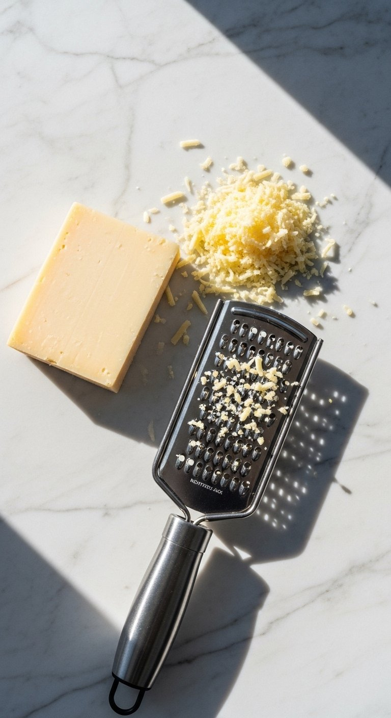 Block Of Monterey Jack Cheese Next To A Box Grater And Pile Of Freshly Grated Cheese On Marble.