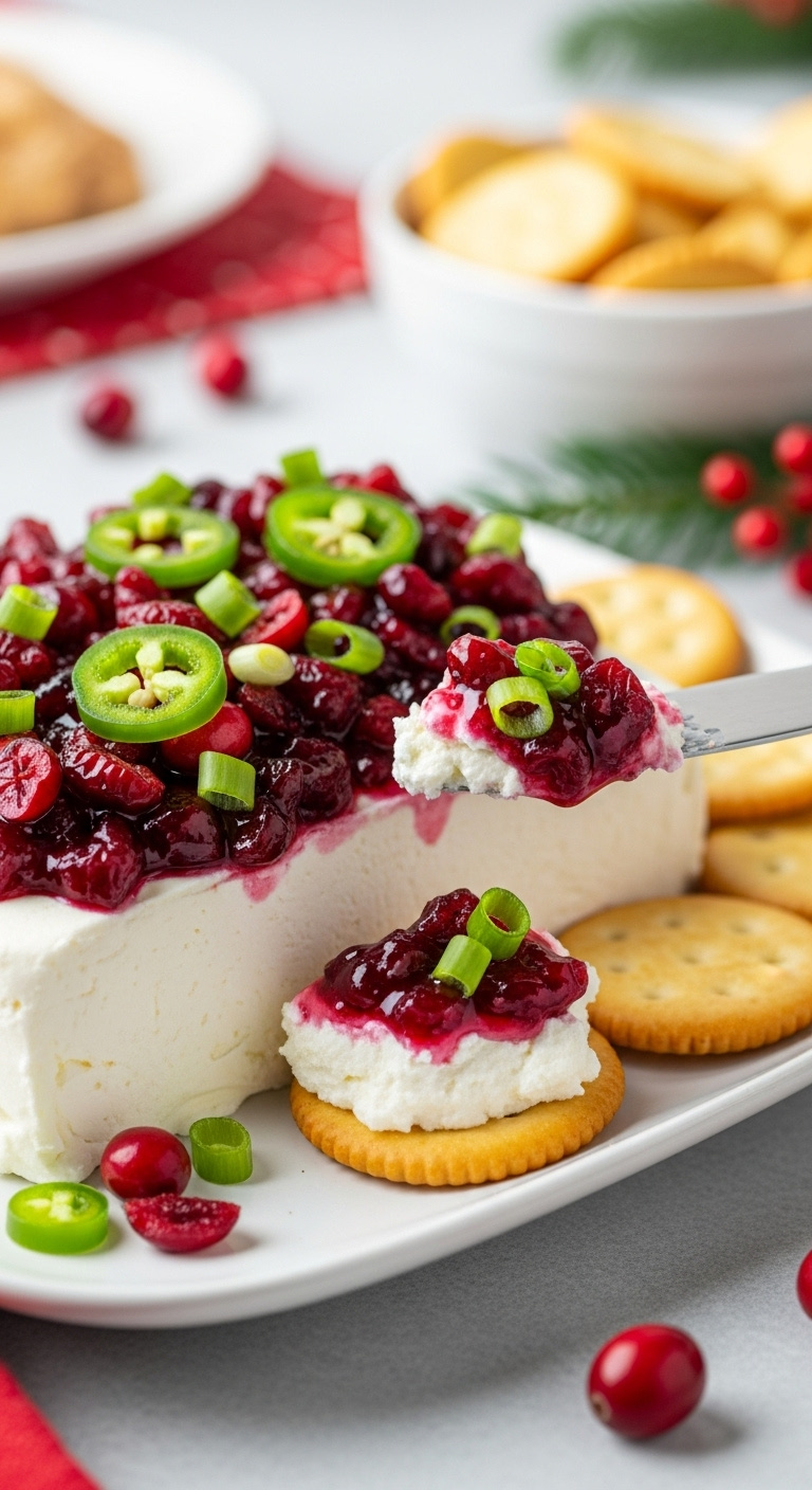 Block Of Pure White Cream Cheese On A Festive Platter Covered With A Vibrant Cranberry Jalapeño And Green Onion Topping