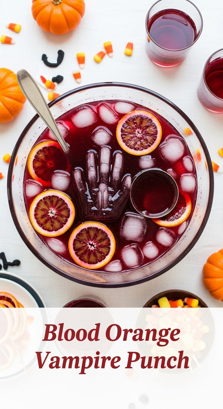 Blood Orange Vampire Punch With Blood Orange Slices And A Hand-Shaped Ice Block In A Clear Glass Punch Bowl