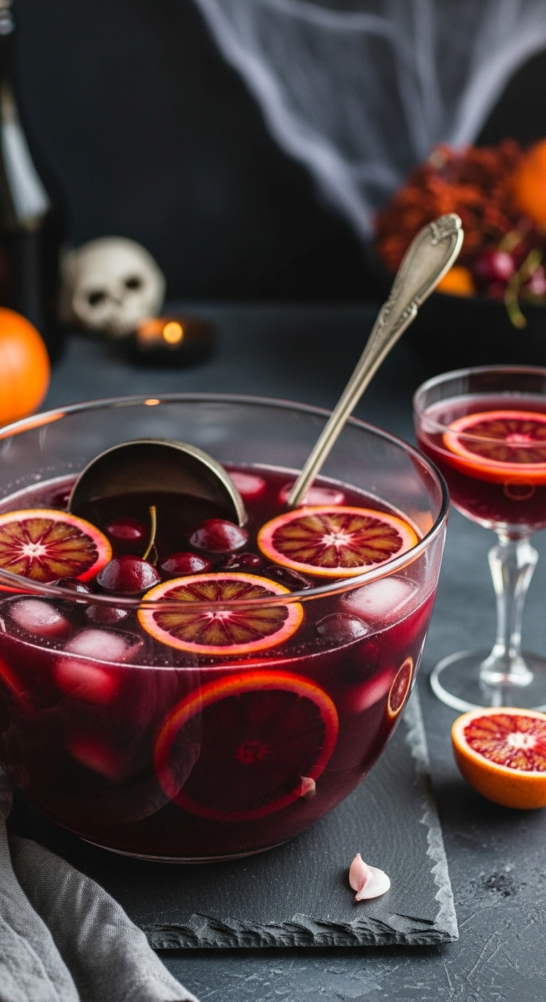 Blood Orange Vampire Punch In A Glass Bowl With Floating Fruit And Vintage Ladle Perfect For A Moody Halloween Party Drink
