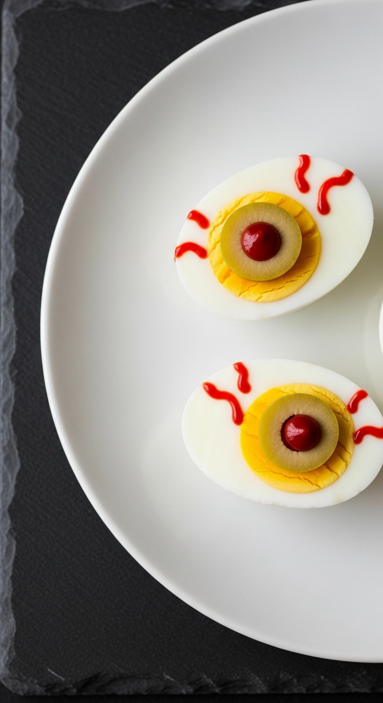 Bloodshot Eyeball Eggs With Olive Irises And Sriracha Pupils On A White Plate For A Spooky Halloween Breakfast