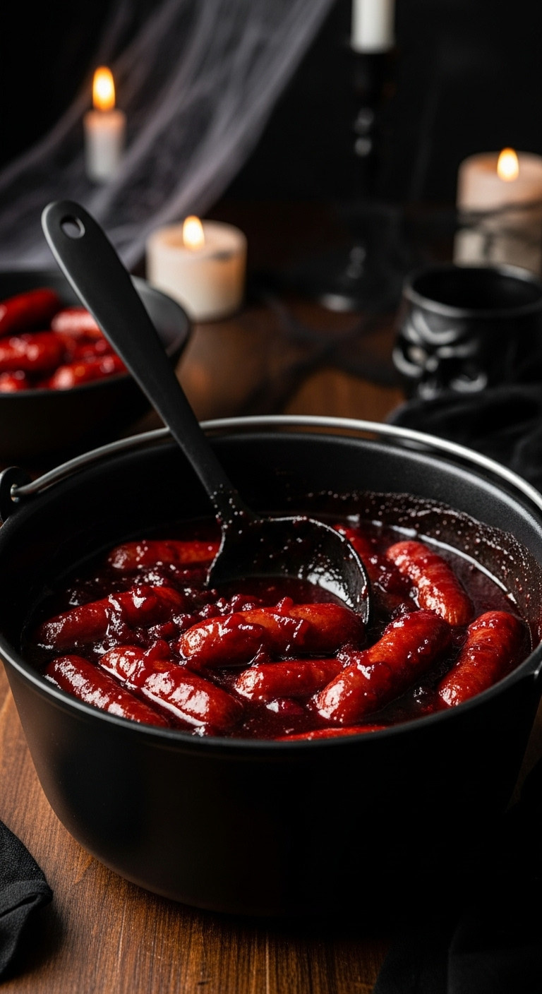 Bloody Bbq Bat Bites Lil Smokies In A Bubbling Cauldron With A Dark Red Cranberry Sauce And Black Ladle