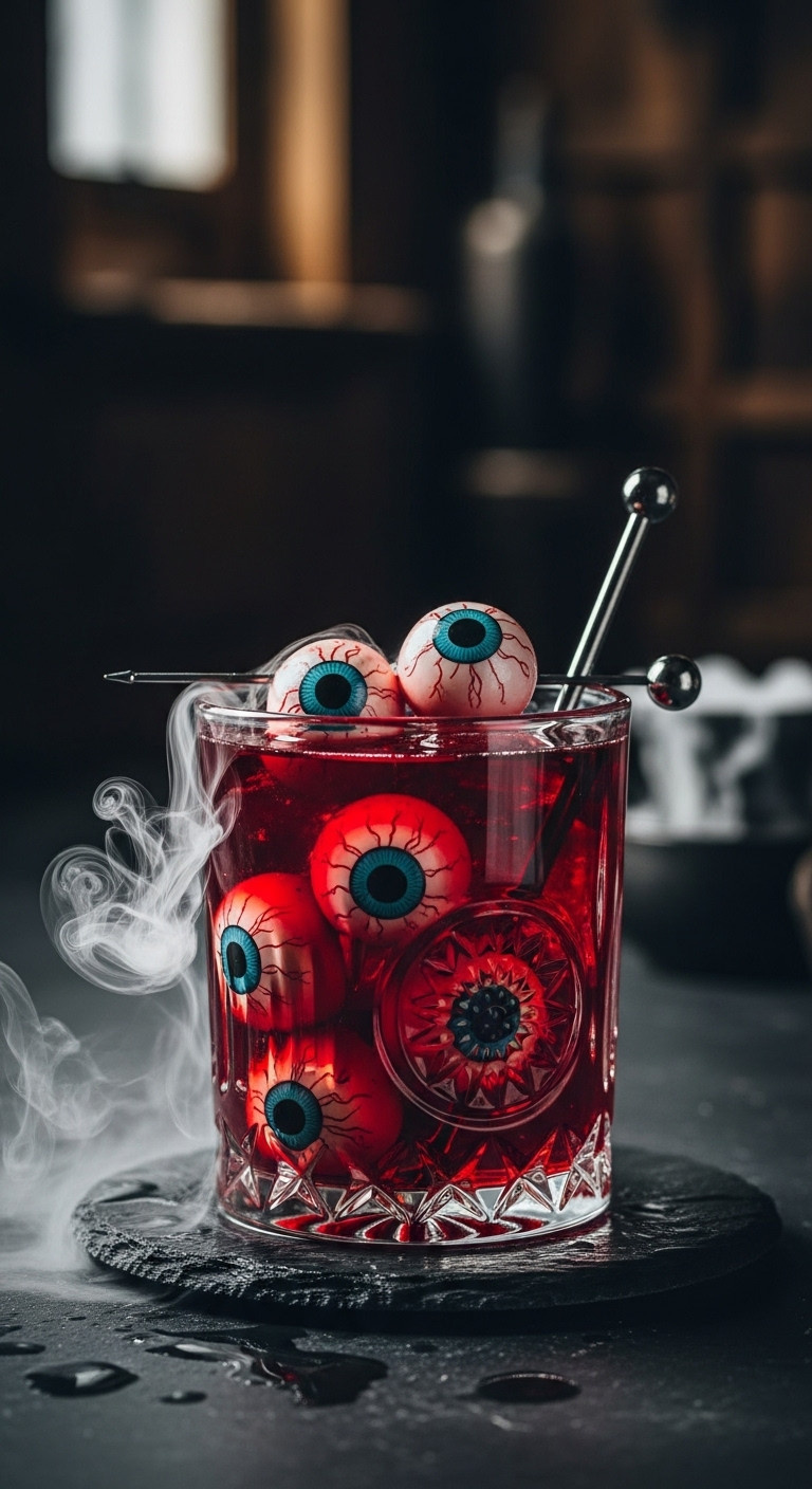 Bloody Eyeball Elixir: Dark Red Drink With Floating Edible Eyeballs In An Eerie Goblet. Gothic Halloween Cocktail With Smoke Effect.