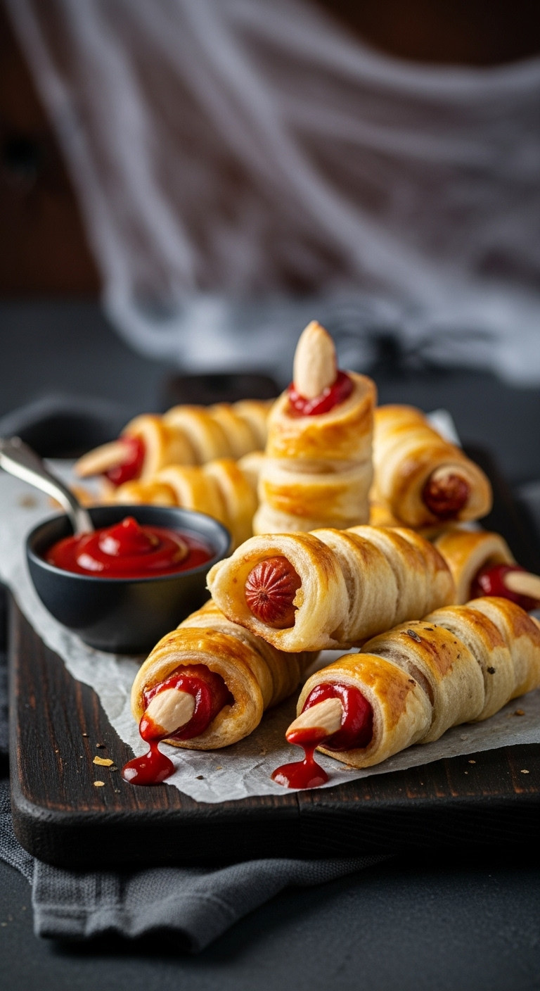 Bloody Finger Sausages: Pastry-Wrapped Cocktail Sausages With Ketchup 'Gore' And Almond 'Fingernails' On A Rustic Board. Spooky Halloween Treat.