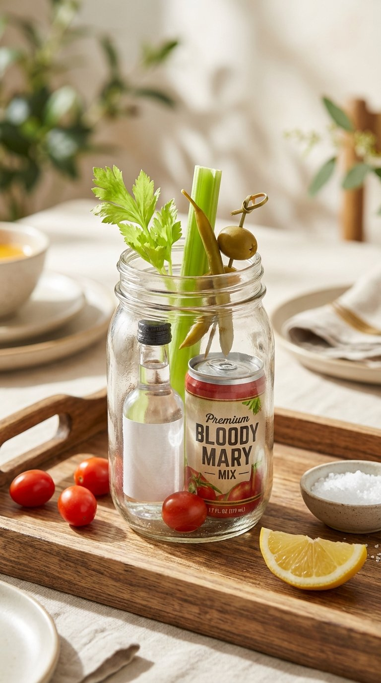 Bloody Mary Kit In Mason Jar With Mini Vodka Bottle, Bloody Mary Mix, Celery Stick, And Pickled Garnish On Rustic Tray