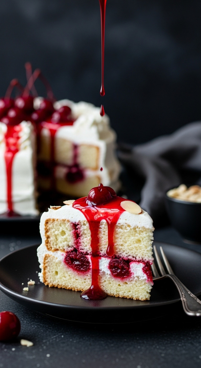 Bloody Vampire Poke Cake Slice With Cherry Sauce And Whipped Cream On A Dark Plate
