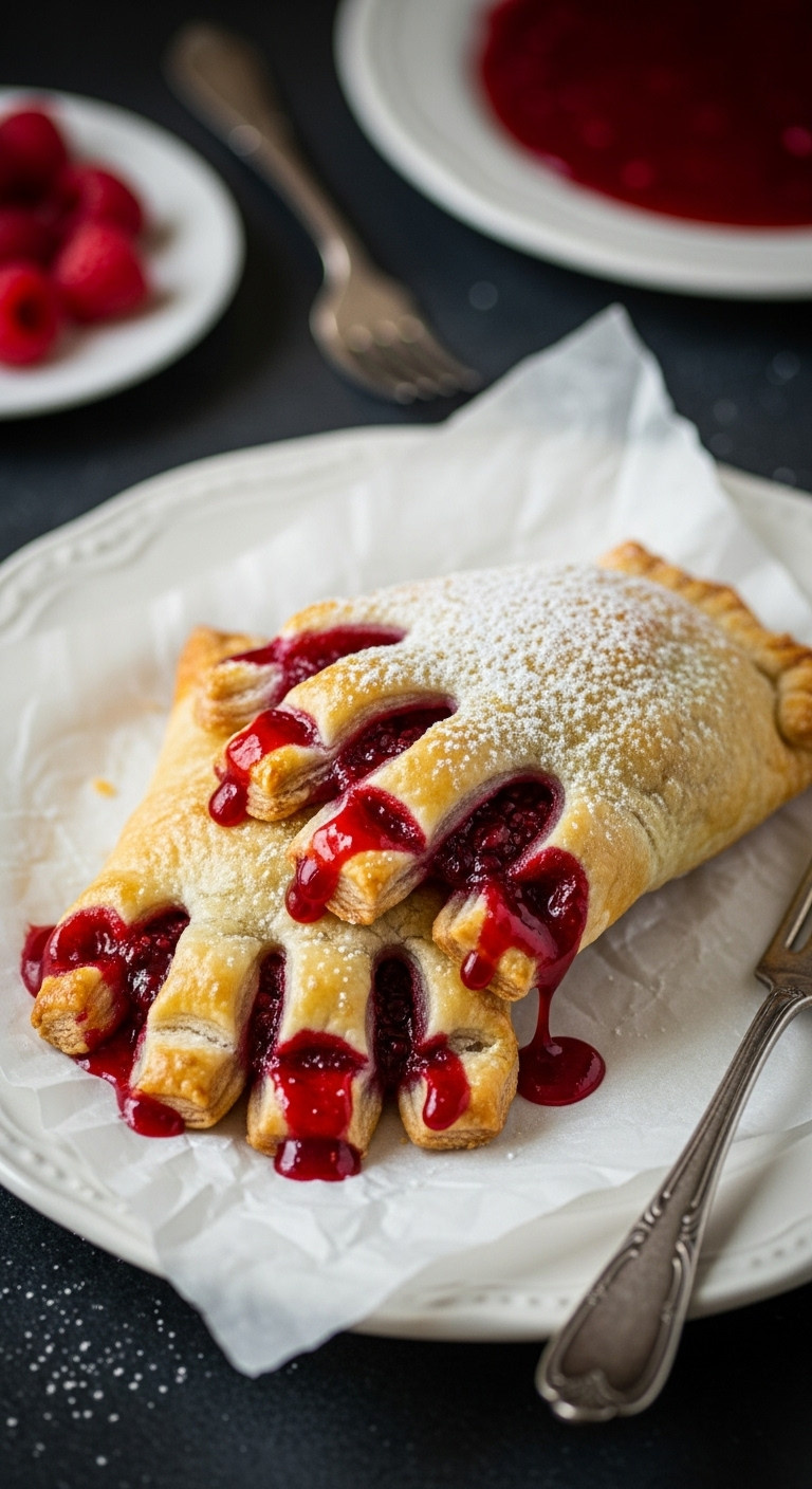 Bloody Berry Halloween Hand Pies With Red Filling Oozing From Flaky Golden Brown Pastry On Parchment Paper