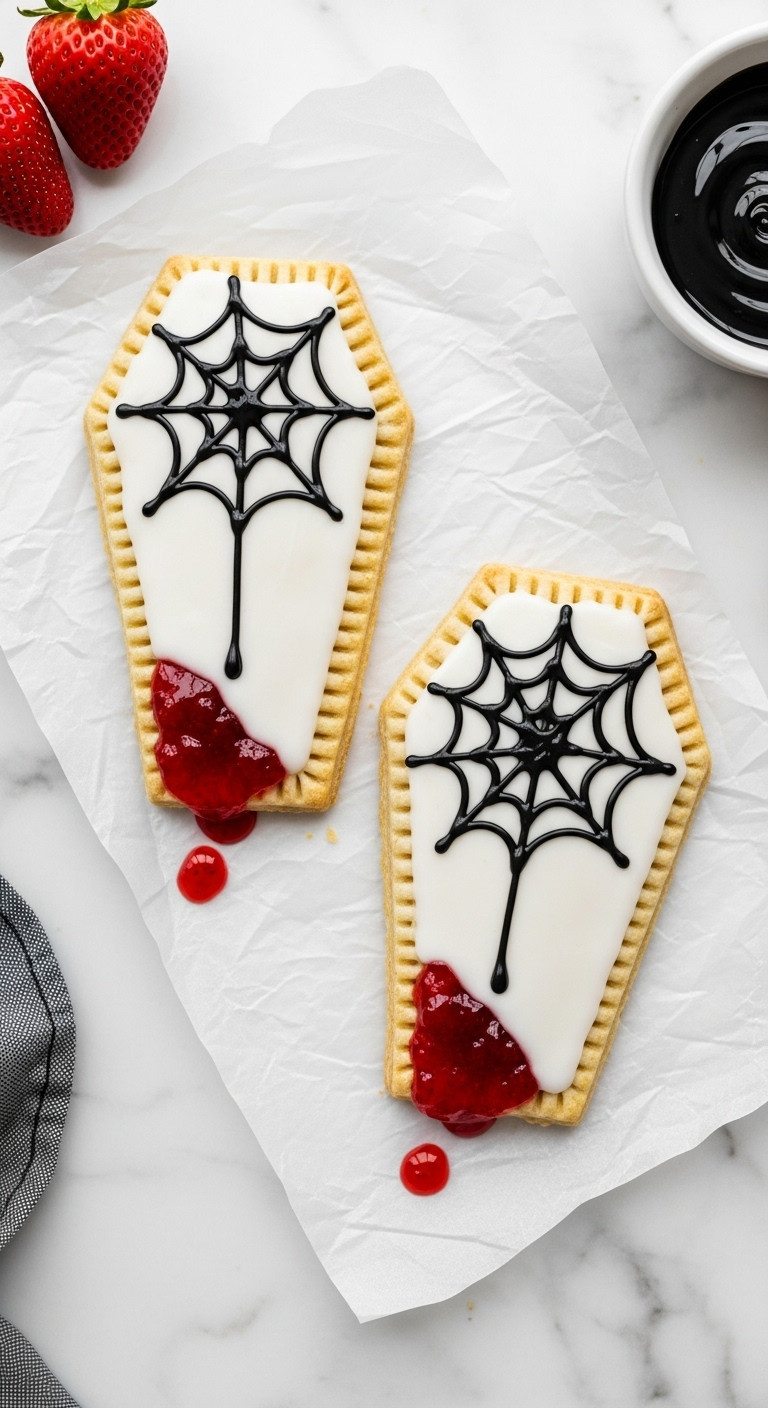 Bloody Coffin Pop-Tarts With Spiderweb Icing And Strawberry Jam For A Spooky Halloween Breakfast