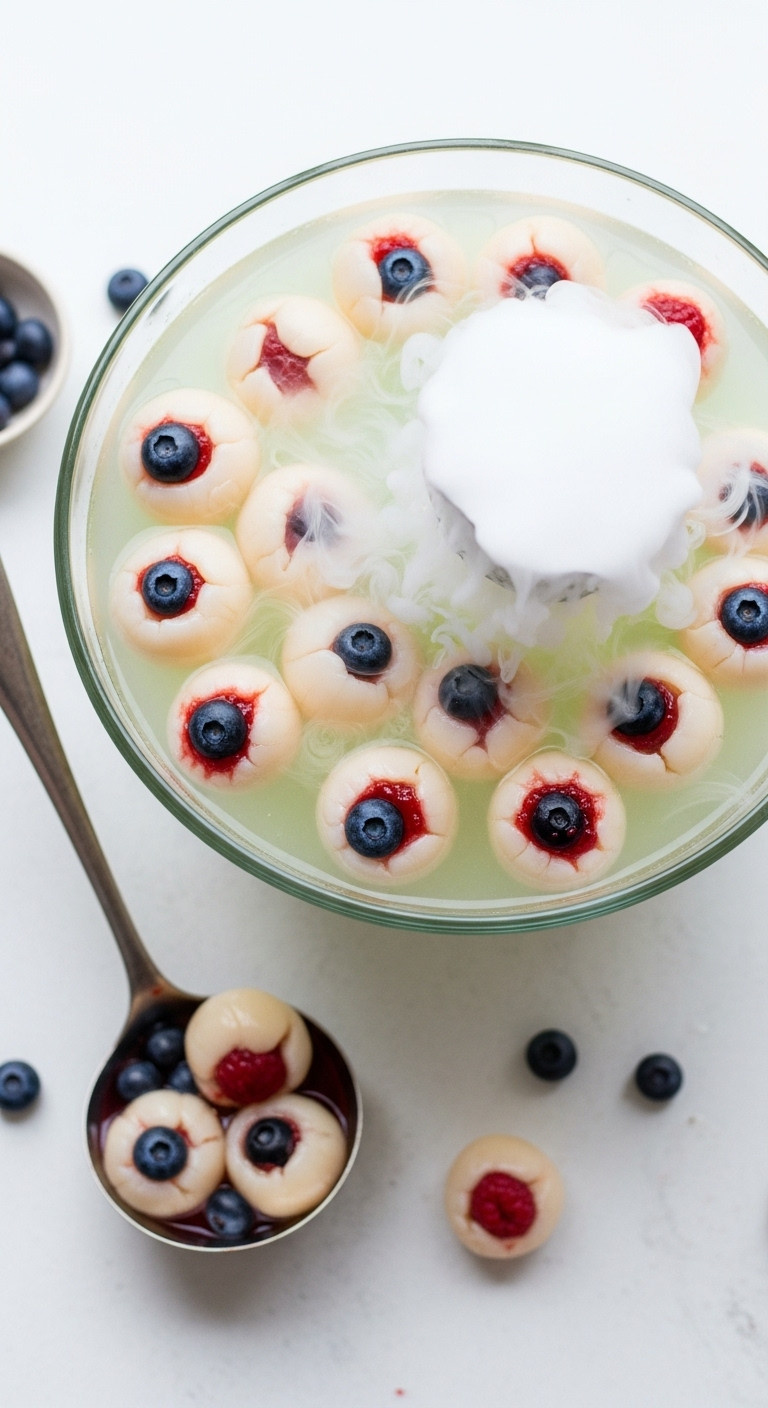 Bloody Eyeball Lychee Punch With Raspberry Jam Blueberry Pupils And Dry Ice Fog In A Murky Green Glass Punch Bowl
